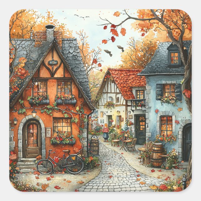 Pegatina Cuadrada Ilustracion de Aldea Otoño Naranja Europea (Anverso)