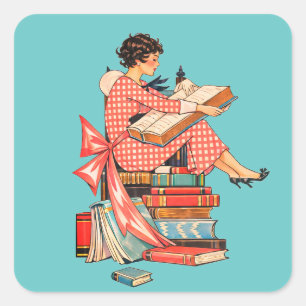 Pegatina Cuadrada Ilustración de amante de libros antiguos leyendo