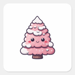 Pegatina Cuadrada Ilustracion de árbol de navidad rosado