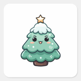 Pegatina Cuadrada Ilustracion de árbol de navidad sonriente