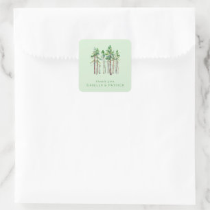 Pegatina Cuadrada Ilustración de árbol en acuarela verde calmada