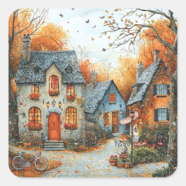 Pegatina Cuadrada Ilustracion de bicicleta de Casas Vintage