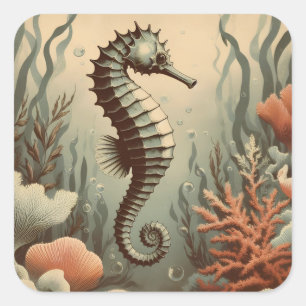 Pegatina Cuadrada Ilustracion de caballito de mar de época Arte anti