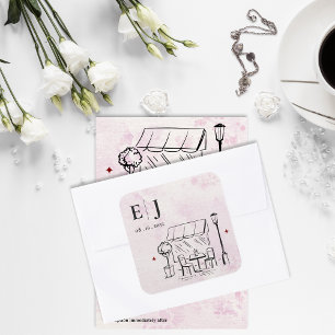 Pegatina Cuadrada Ilustración de Café Romántico Monograma de Boda