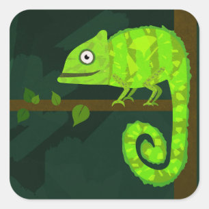 Pegatina Cuadrada Ilustración de camaleón verde lindo Reptil tropica