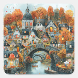 Pegatina Cuadrada Ilustracion de Casas de Barcos Puente de Otoño