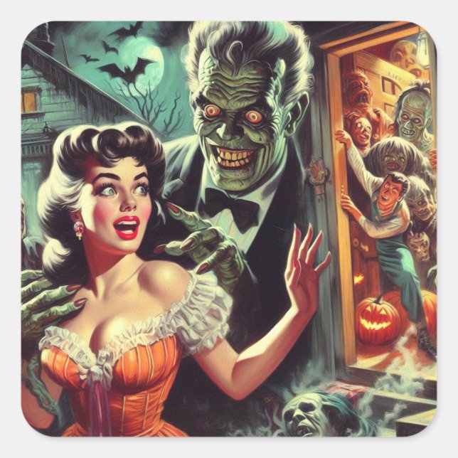 Pegatina Cuadrada Ilustracion de Chica de horror de pulpa de época (Anverso)