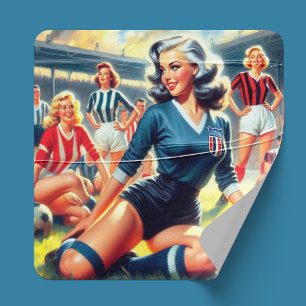 Pegatina Cuadrada Ilustracion de Chicas de fútbol de época