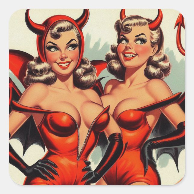 Pegatina Cuadrada Ilustracion de Chicas malvados (Anverso)