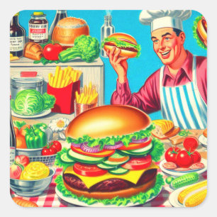 Pegatina Cuadrada Ilustracion de cómics Retro Hamburger
