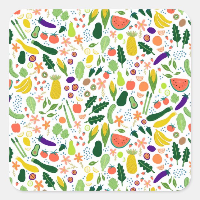 Pegatina Cuadrada Ilustración de comida de frutas y verduras Patrón  (Anverso)