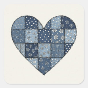 Pegatina Cuadrada Ilustración de corazón de patchwork de mezclilla a