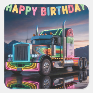 Pegatina Cuadrada Ilustración de cumpleaños de camión semirremolque 