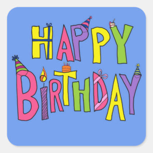 Pegatina Cuadrada Ilustracion de cumpleaños feliz divertido