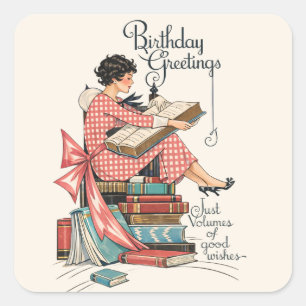 Pegatina Cuadrada Ilustración de cumpleaños para amante de libros an
