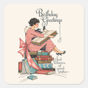 Pegatina Cuadrada Ilustración de cumpleaños para amante de libros an