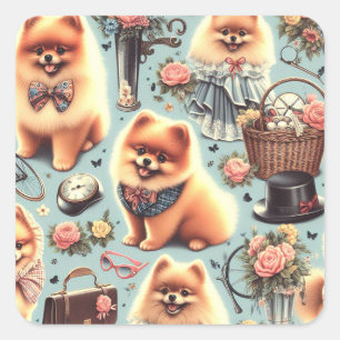 Pegatina Cuadrada Ilustracion de Cute Pomerania