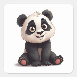 Pegatina Cuadrada Ilustración de dibujos animados de oso panda senta