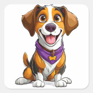 Pegatina Cuadrada Ilustración de dibujos animados de perro feliz