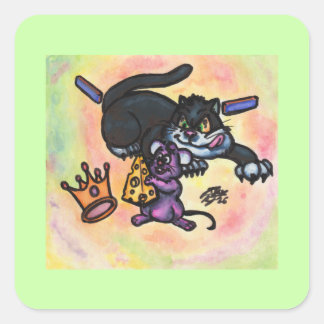 Pegatina Cuadrada Ilustración de dibujos animados gato ratón queso c