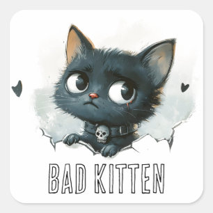 Pegatina Cuadrada Ilustracion de Edgy Kitten - Texto "Gatito malo"