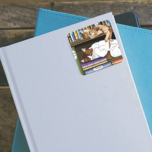 Pegatina Cuadrada Ilustración de estantería de libros de gatos durmi