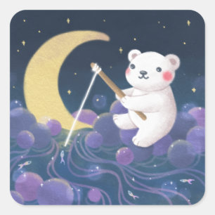 Pegatina Cuadrada Ilustración de fantasía del sueño del oso polar