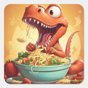 Pegatina Cuadrada Ilustracion de fideos de dinosaurios