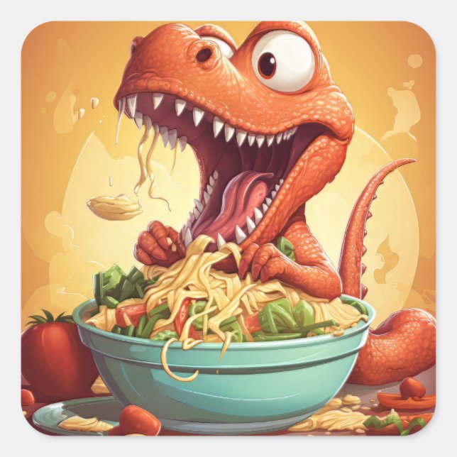 Pegatina Cuadrada Ilustracion de fideos de dinosaurios (Anverso)