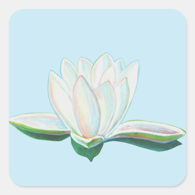 Pegatina Cuadrada Ilustracion de flores de Lotus blanco (Anverso)