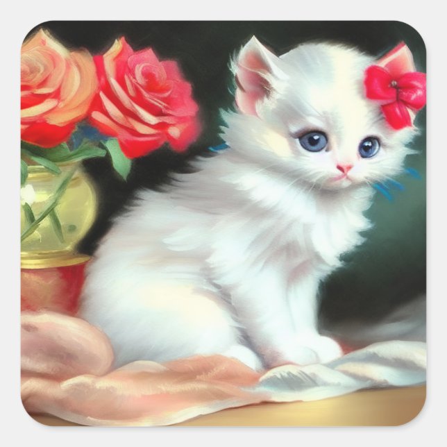 Pegatina Cuadrada Ilustracion de gatito blanco con flores rojas (Anverso)