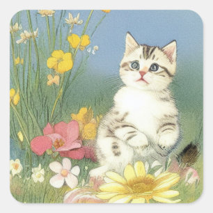 Pegatina Cuadrada Ilustracion de gatito vintage con flores amarillas