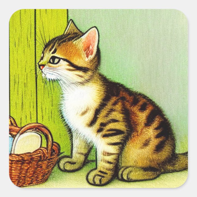 Pegatina Cuadrada Ilustracion de gato de tabby de época (Anverso)