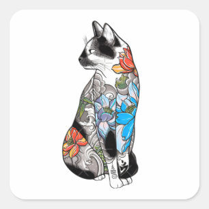 Pegatina Cuadrada Ilustracion de gato de tatuaje floral - vibrante, 