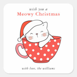 Pegatina Cuadrada Ilustración de gato lindo Navidad Meowy roja y bla