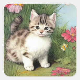 Pegatina Cuadrada Ilustracion de gato vintage con flores rojas