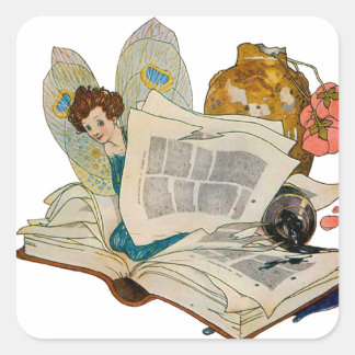 Pegatina Cuadrada Ilustración de hada devoradora de libros antiguos