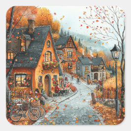 Pegatina Cuadrada Ilustracion de la Aldea Otoño