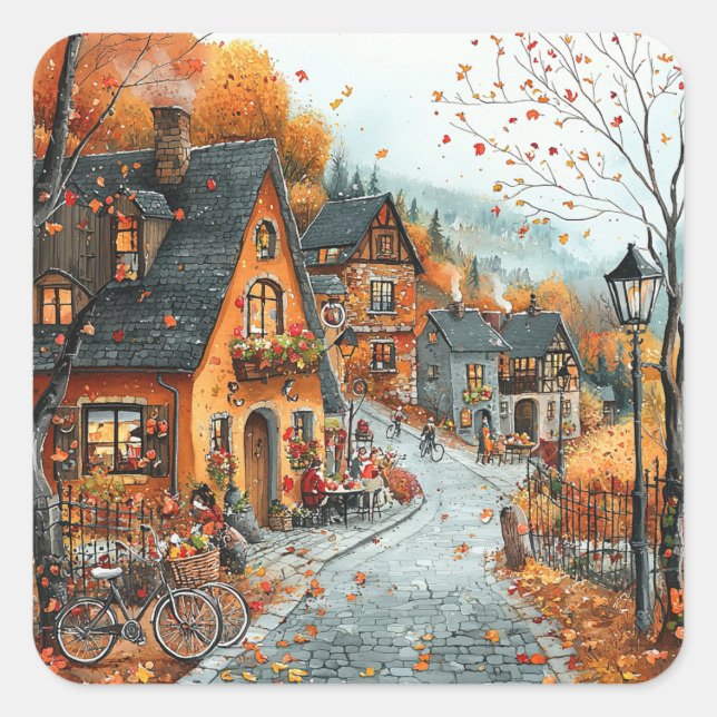 Pegatina Cuadrada Ilustracion de la Aldea Otoño (Anverso)