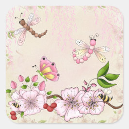 Pegatina Cuadrada Ilustracion de la historia de la flor de cerezo ro
