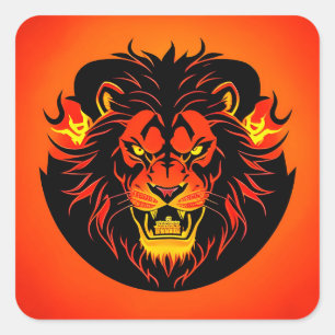 Pegatina Cuadrada Ilustración de León Ardiente Rodeado de Flamígero