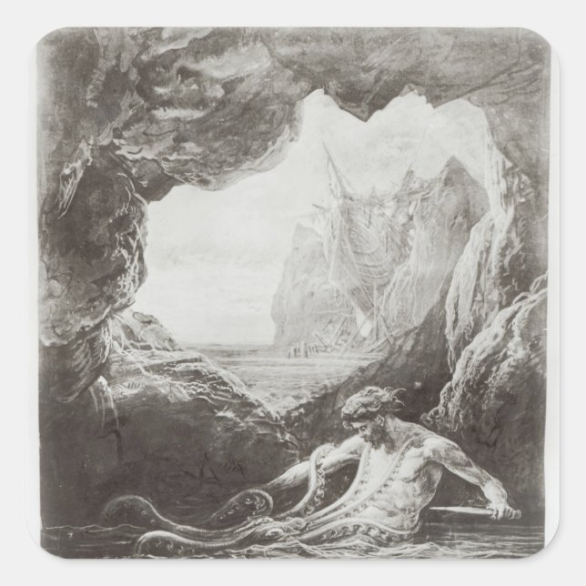 Pegatina Cuadrada Ilustracion de Les Travailleurs de la Mer (Anverso)