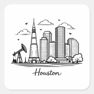 Pegatina Cuadrada Ilustración de línea negra de Houston