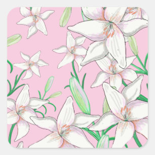 Pegatina Cuadrada Ilustración de Lirios Blancos sobre Fondo Rosa