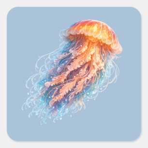 Pegatina Cuadrada Ilustración de Medusa Elegante Fantasía Oceánica