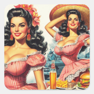 Pegatina Cuadrada Ilustracion de mujer hispana vintage