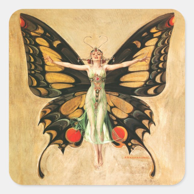 Pegatina Cuadrada Ilustración de mujer Leyendecker mariposa Flapper (Anverso)
