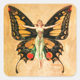 Pegatina Cuadrada Ilustración de Mujer Volando Mariposa Flapper