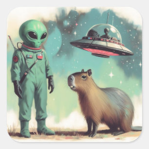 Pegatina Cuadrada Ilustracion de OVNI Retro de Espacio Extranjero y 