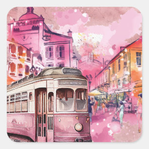 Pegatina Cuadrada Ilustracion de paisajes de coche rosa Trolly